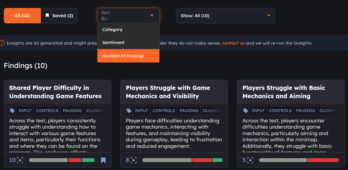 Sorting insights by findings